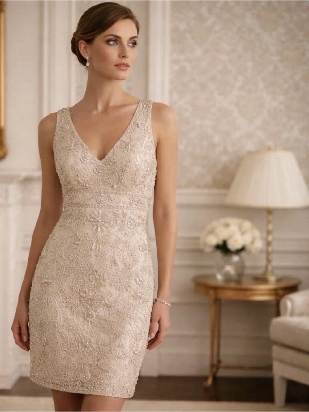 Sue Wong Antique Illusion Beaded Cocktail Dress in Champagne